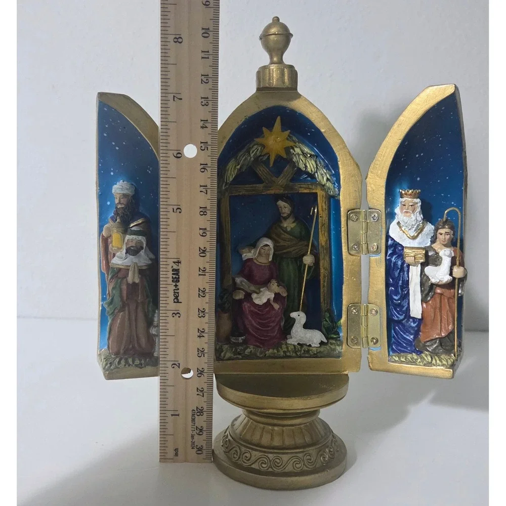 Lighted Star Nativity Triptych Folding Gold Christmas Tabletop DecorWMG 2014